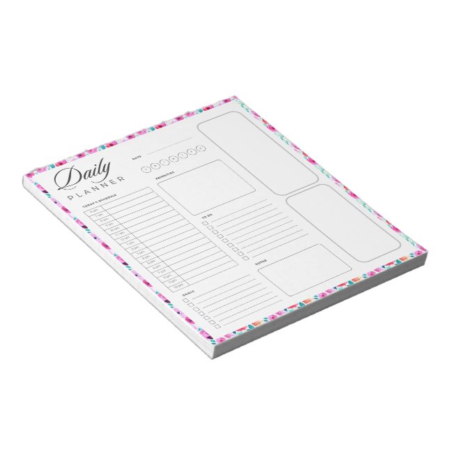 Floral border blank universal daily planner sheet notepad (Angled)