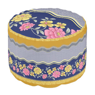Floral Border Blue Background Zig Zag Pattern Pouf