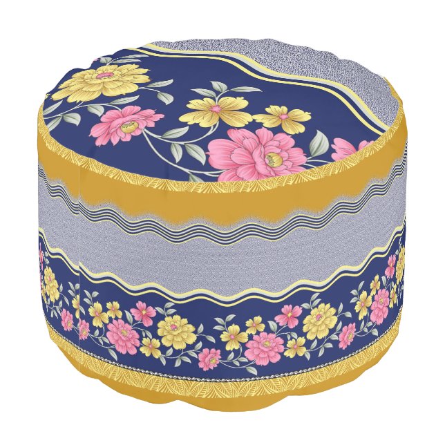  Floral Border Blue Background Zig Zag Pattern   Pouf (Angled Back)