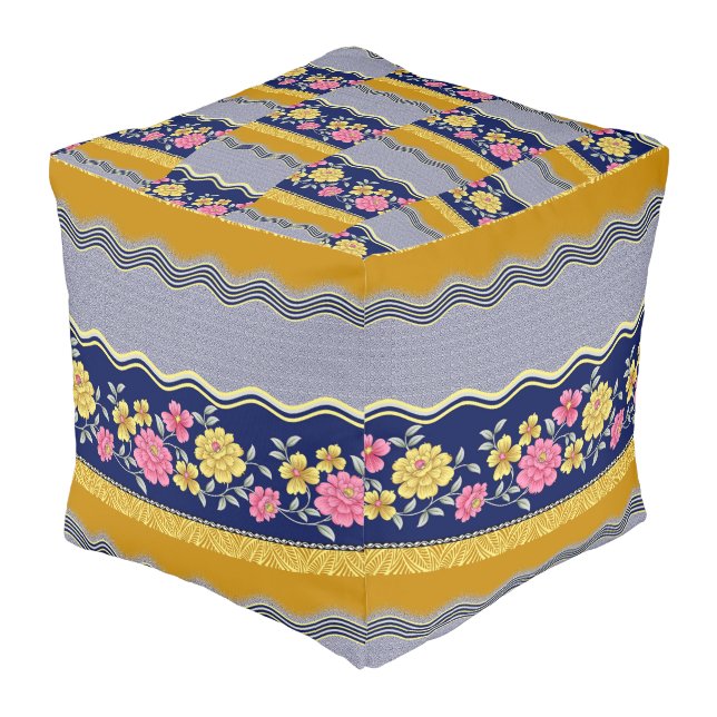  Floral Border Blue Background Zig Zag Pattern    Pouf (Angled Front)