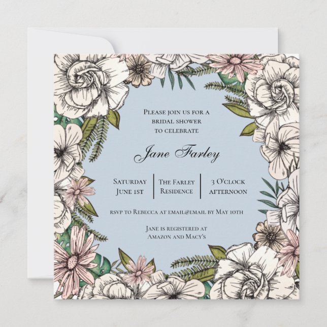 Floral Border Bridal Shower w/ neutral florals Invitation (Front)