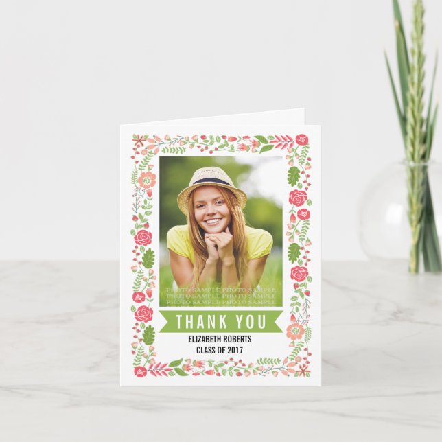 Floral border class of 2017 graduation Thank You Card (Front)