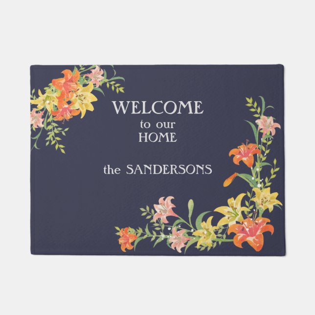 Floral Border Daylilies Welcome Doormat (Front)