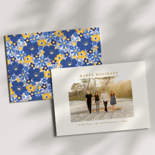 Floral Border Family Photo Blue Yellow Custom Holiday Card