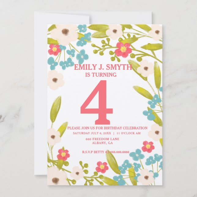 Floral Border Flower Garden Kid's Birthday Party Invitation (Front)