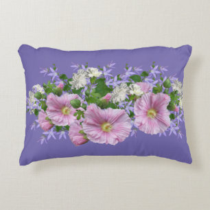 Floral Border Hollyhocks on Periwinkle Background  Accent Pillow