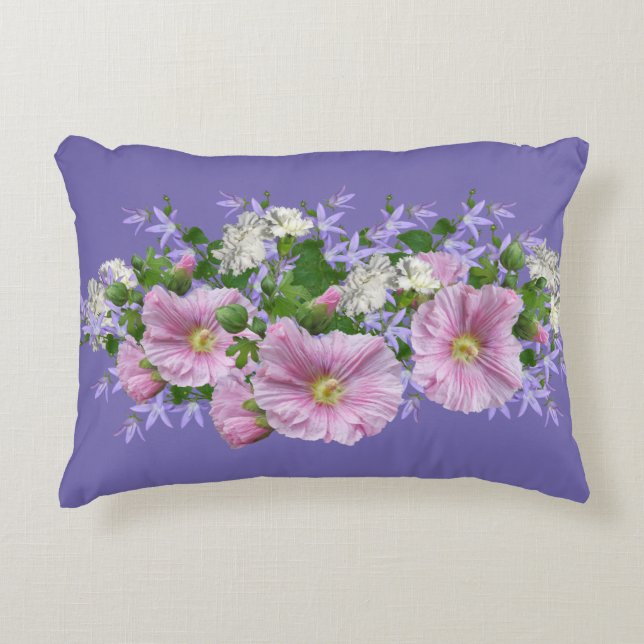 Floral Border Hollyhocks on Periwinkle Background  Accent Pillow (Front)