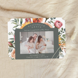 Floral Border Landscape Photo Birth Announcement