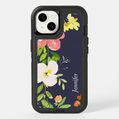 Floral Border on Navy Blue Personalized OtterBox iPhone 14 Case