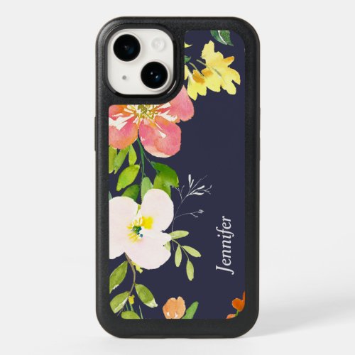 Floral Border on Navy Blue Personalized OtterBox iPhone 14 Case