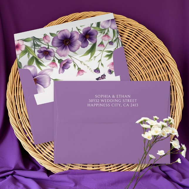 Floral border purple flowers spring wedding      envelope (Creator Uploaded)