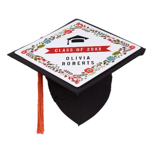 Floral border red banner Class of 2024 Graduation Cap Topper