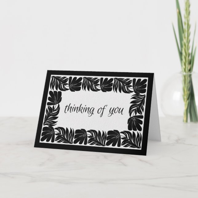 Floral Border Thinking of You,  Black & White Card (Front)