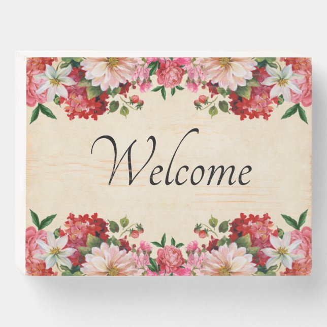 Floral Border Welcome Wooden Box Sign (Front Horizontal)