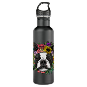 Floral Boston Terrier Botanical Plant Flower Puppy Stainless Steel Water Bottle
