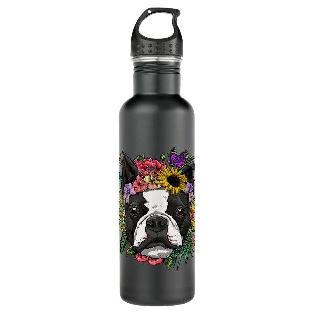 Floral Boston Terrier Botanical Plant Flower Puppy Stainless Steel Water Bottle (Front)