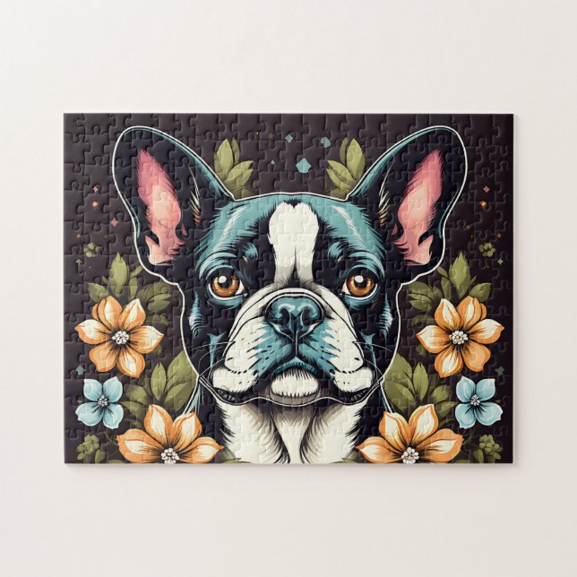 Floral Boston Terrier Jigsaw Puzzle (Horizontal)