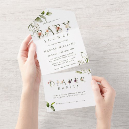 Floral Botanical Baby Shower  Diaper Raffle  All In One Invitation