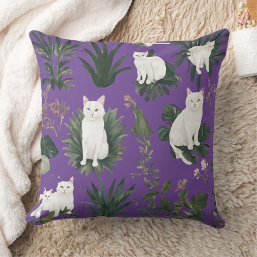 Floral Botanical Beauty with Vintage Cats Throw Pillow