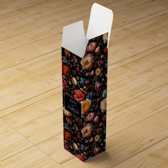 Floral Botanical Black Moody Chic Wedding Wine Box (Opened)