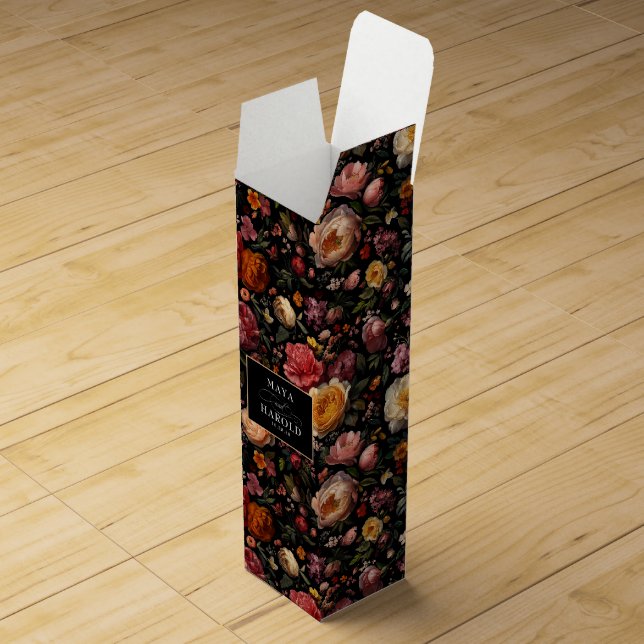 Floral Botanical Black Moody Chic Wedding Wine Box (Opened)