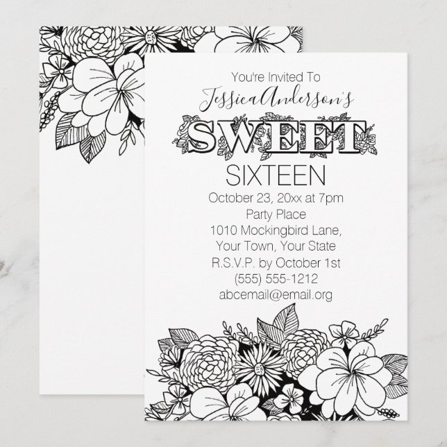 Floral Botanical Black White Sweet 16 Invitation (Front/Back)