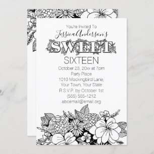 Floral Botanical Black White Sweet 16 Invitation