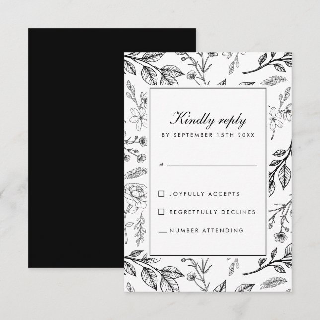 Floral Botanical Black White Wedding RSVP Card (Front/Back)