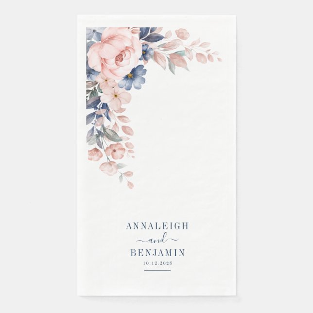 Floral Botanical Blue Greenery Wedding Paper Guest Towels (Front)