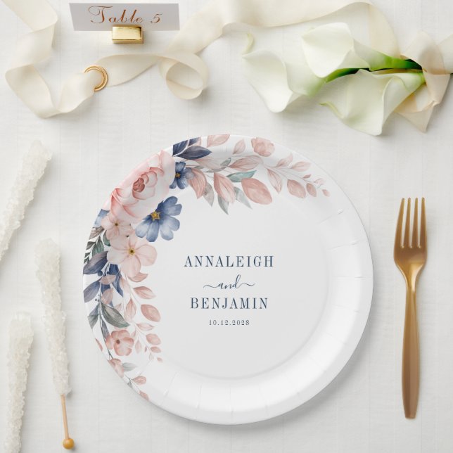 Floral Botanical Blue Greenery Wedding Paper Plates (Wedding)