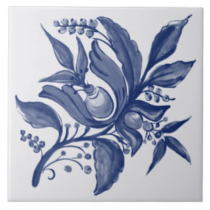 Floral Botanical Blue White Vintage Folk Design Ceramic Tile