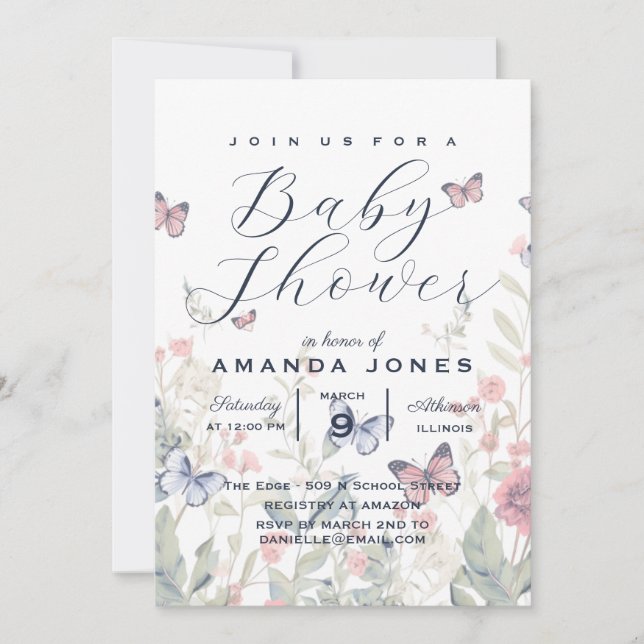 Floral Botanical Boho Butterfly Baby Shower Invitation (Front)
