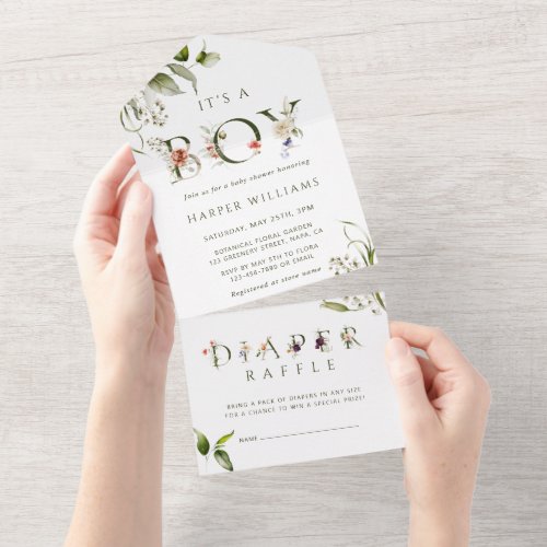 Floral Botanical Boy Baby Shower  Diaper Raffle  All In One Invitation