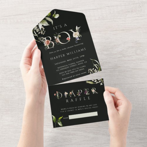 Floral Botanical Boy Baby Shower  Diaper Raffle All In One Invitation