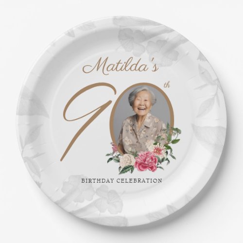 Floral Botanical Custom Photo 90th Birthday Party  Paper Plates