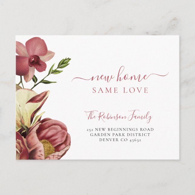 Floral botanical elegant script moving announcement postcard (Front)
