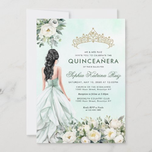 Floral Botanical Emerald Gold Princess Quinceaera Invitation