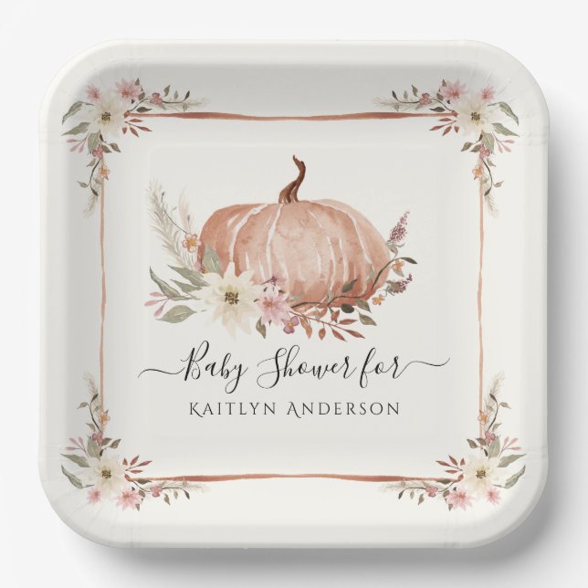 Floral Botanical Fall Pumpkin Baby Girl Shower Paper Plates (Front)