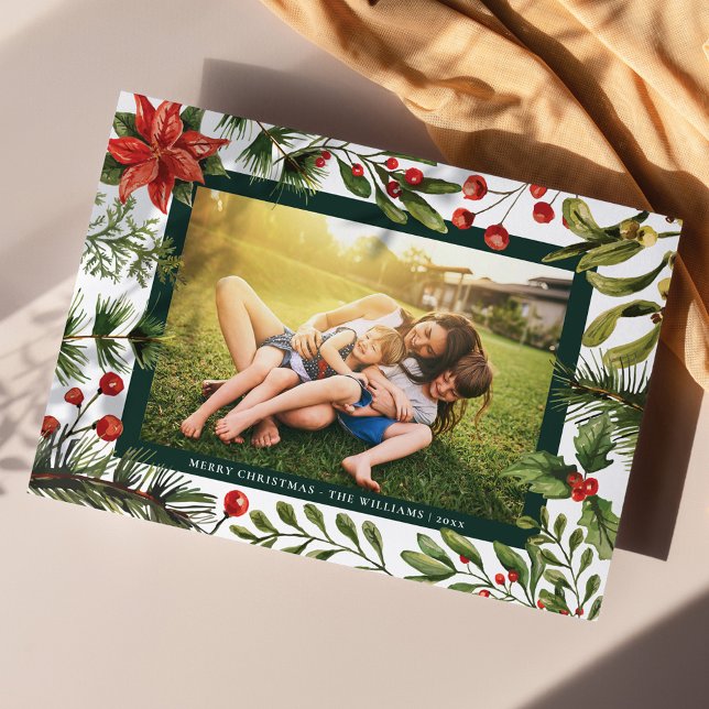 Floral Botanical Family Photo Christmas Holiday Card (Poinsettia Family Photo Greetings Card)