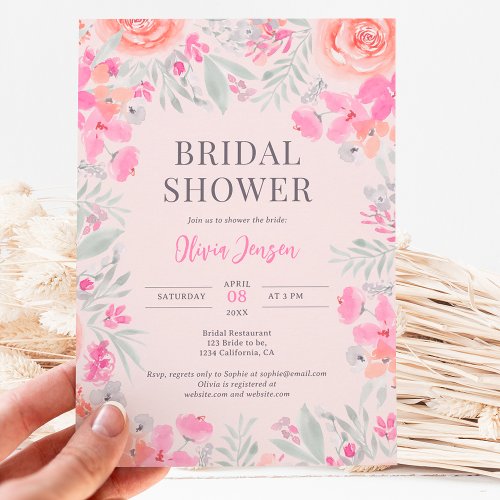 Floral botanical garden pink peach bridal shower invitation