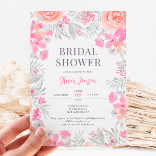 Floral botanical garden pink peach bridal shower invitation