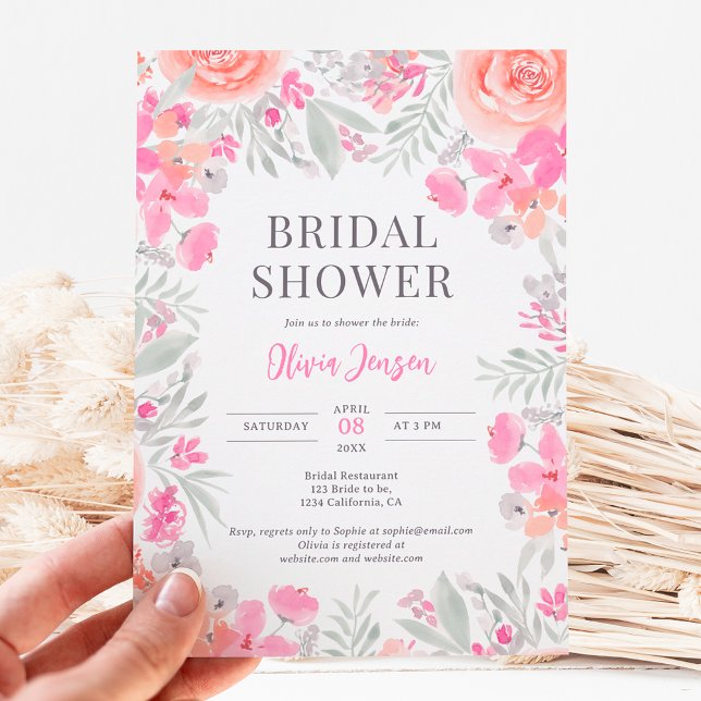 Floral botanical garden pink peach bridal shower invitation (Creator Uploaded)