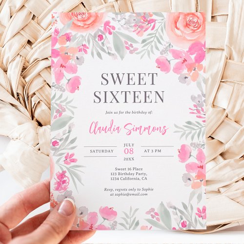 Floral botanical garden pink peach sweet 16 invitation