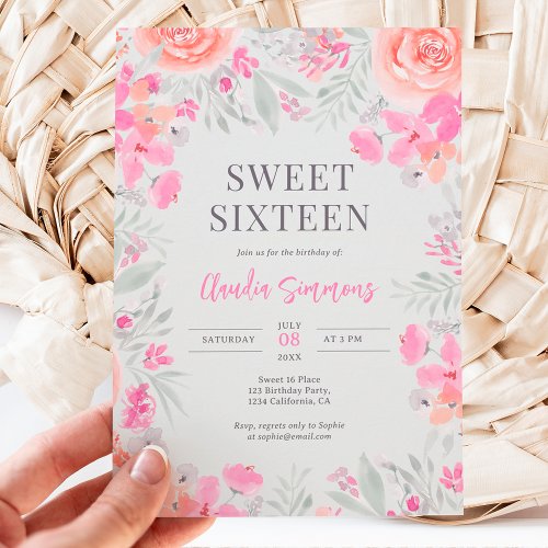 Floral botanical garden pink peach sweet 16 invitation