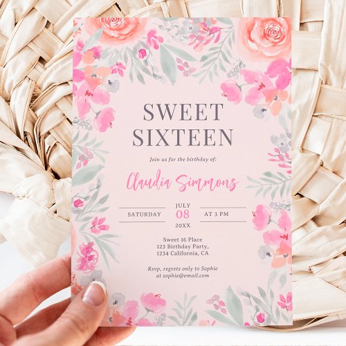 Floral botanical garden pink peach sweet 16 invitation