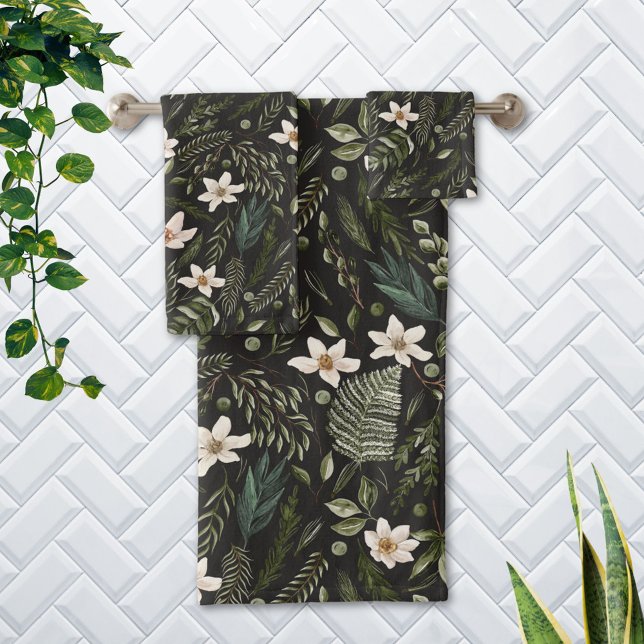Floral Botanical Garden Watercolor Nature Pattern Bath Towel Set (In situ Bathroom wall)