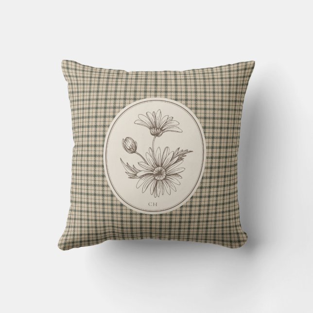 Floral Botanical Gingham Vintage Monogram Throw Pillow (Back)
