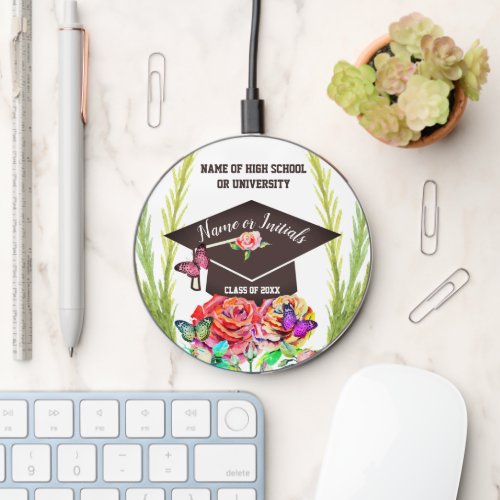 Floral Botanical Graduation Bouquet Personalized Wireless Charger