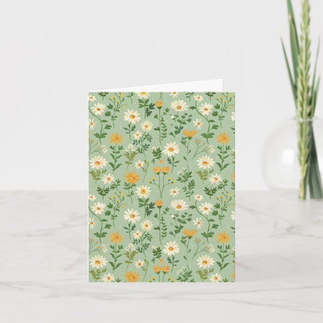 Floral Botanical Green And Yellow Flower Pattern. Holiday Card (Front)