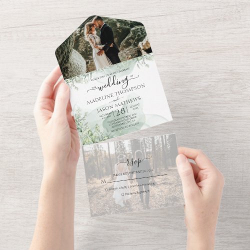 Floral Botanical Greenery Eucalyptus Photo Wedding All In One Invitation